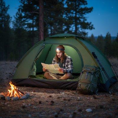 Homme avec lampe frontale lis carte dans tente pour bivouac 