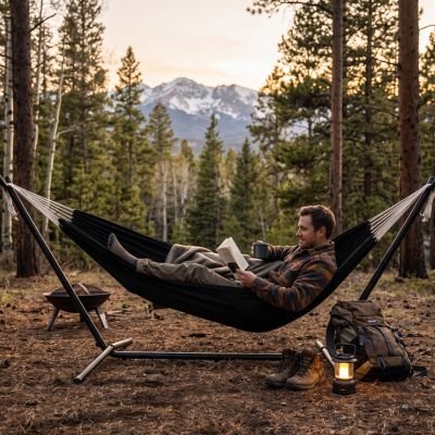 Homme avec livre dans Hamac sur pied dans une forêt