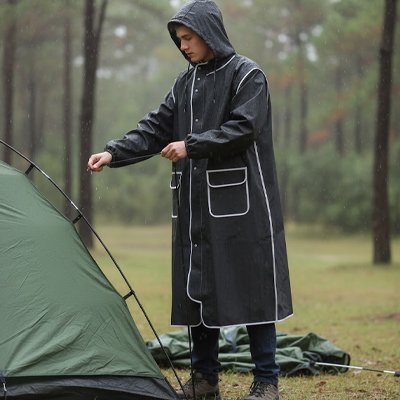 Homme avec Poncho pluie ajustant tente