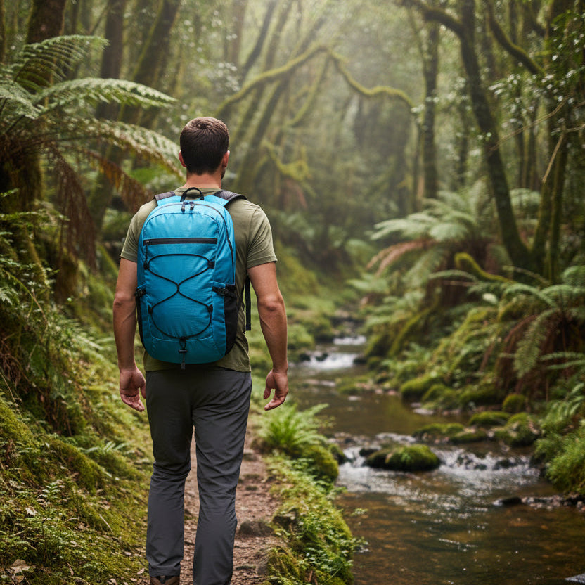 homme avec sac a dos bleu dans un sentier avec ruisseau