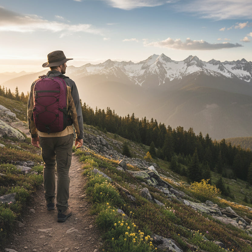 homme avec sac a dos bourgogne avec paysage de montagne enneigé 