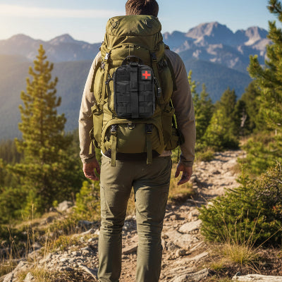 homme avec sac a dos et Kit de survie attaché