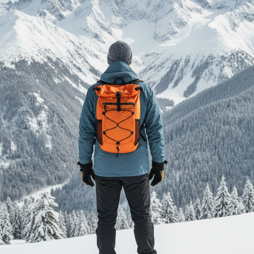 homme avec sac a dos orange avec paysage de montagne enneigé