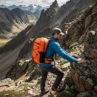 Homme avec sac a dos orange gravissant montage 
