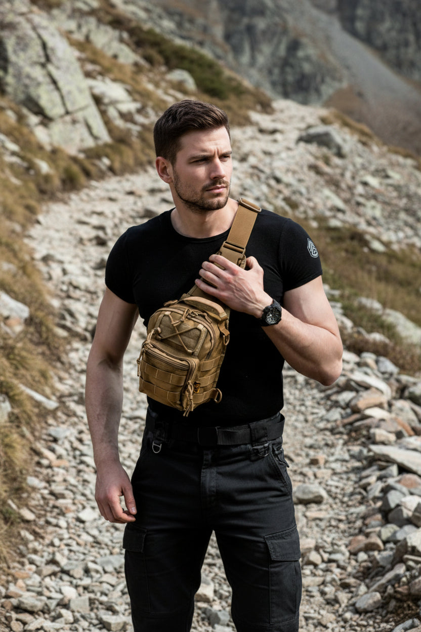 homme avec Sac à dos pour randonnée le porte en diagonale 