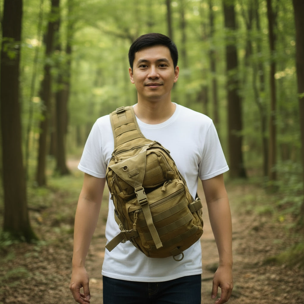 homme avec Sac à dos pour randonnée sur poitrine 