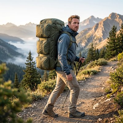 Homme avec Sac à dos pour randonnée vert sentier de montagne 
