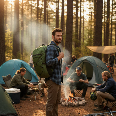 Homme dans campement avec sac à dos vert sur épaule