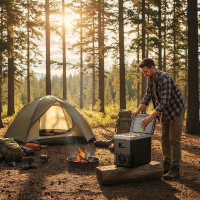 Homme dans campement forestier prenant boisson dans glacière de 10 litre