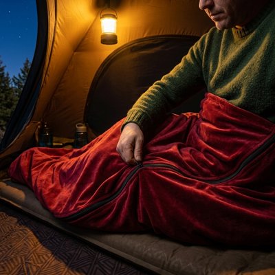 Homme dans Sac de couchage rouge dans tente
