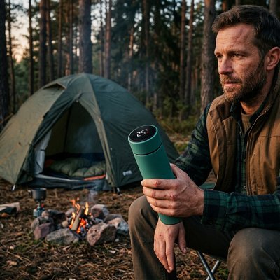 Homme dans son campement avec Bouteille isotherme vert