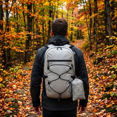 Homme dans un sentiers forestier avec Sac à dos pour randonnée