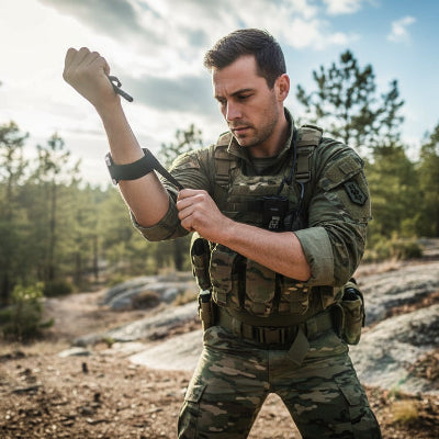 homme démontre équipement du kit de survie portable