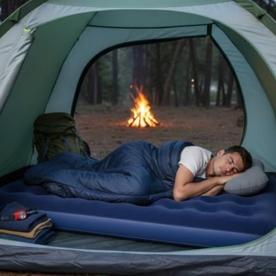 Homme dors profondément sur Matelas gonflable 2 personnes Bleu 