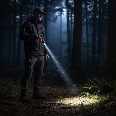 homme en excursion utilise lampe du kit de survie portable