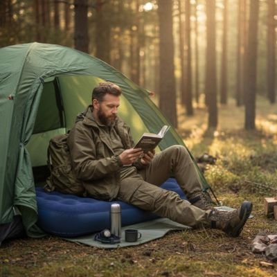 Homme fait lecture assis sur Matelas gonflable 1 personne 