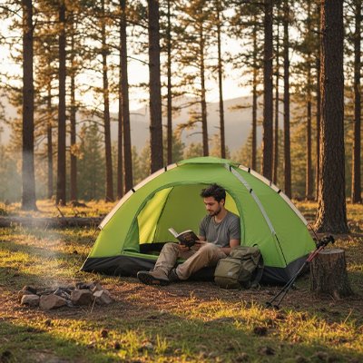 homme fait lecture dans l'entrée de sa tente pour bivouac 