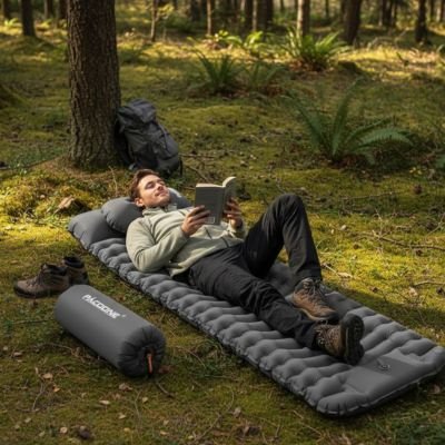 Homme fait lecture sur Matelas gonflable 1 personne Gris