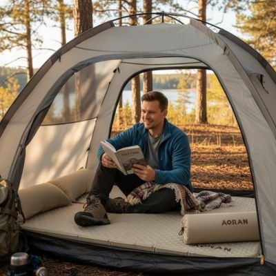 Homme fait lecture sur Matelas gonflable 2 personnes 