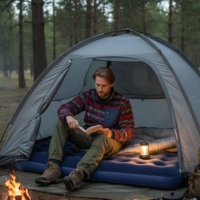 Homme fait lecture sur Matelas gonflable 2 personnes 