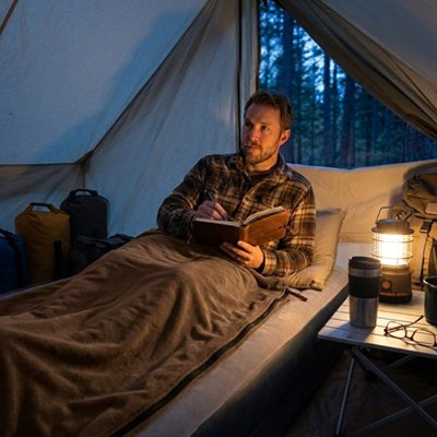 homme fait sa lecture dans Sac de couchage