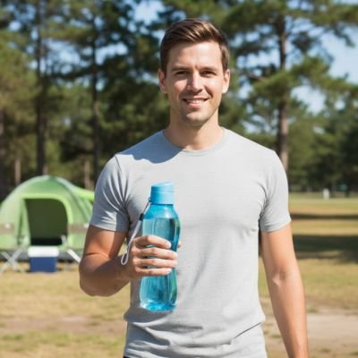 Homme fier de sa gourde plastique turquoise