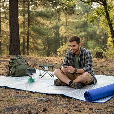 homme heureux sur son tapis de sol pour camping