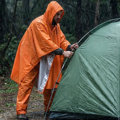 Homme installe tente avec Poncho pluie 