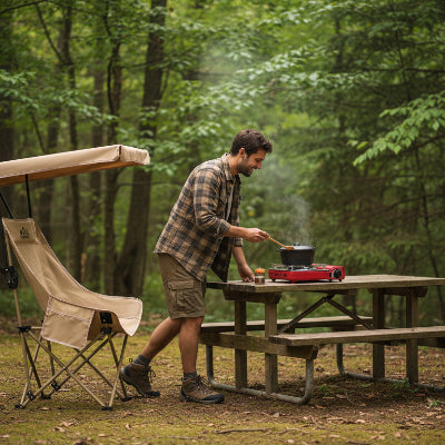 Homme levant de sa chaise de camping avec parasol pour repas
