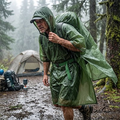 Homme marche sous la pluie avec son Poncho pluie