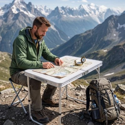 Homme parcourant une carte sur une table de Camping
