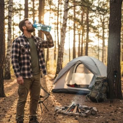 homme petit matin première gorgé avec gourde plastique 