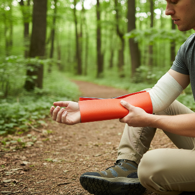 homme prend équipement du Kit de survie  portable pour stabiliser son bras