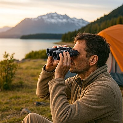 Homme près d'un lac Jumelle scrutant l'horizon