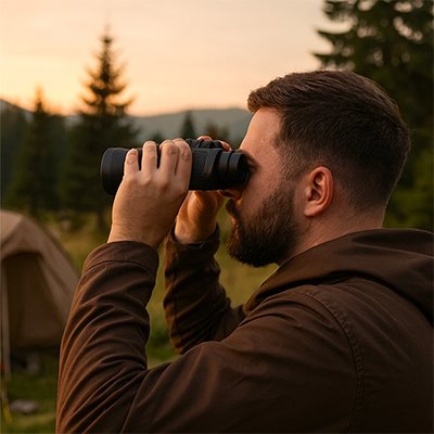 Homme près de sa tente avec Jumelle