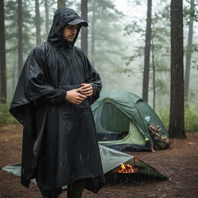 Homme  près de sa tente avec Poncho pluie 
