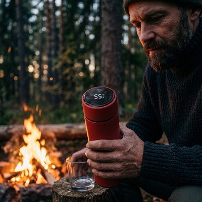 Homme près d'un feu avec Bouteille isotherme rouge 