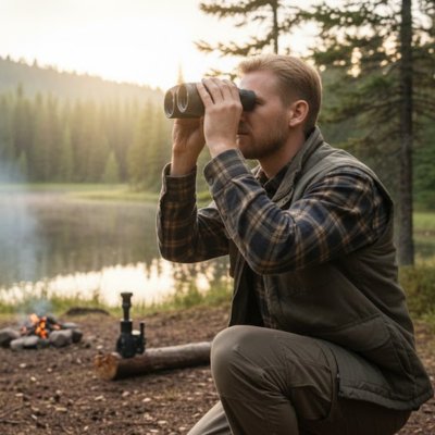 Homme près d'un lac avec Jumelles 