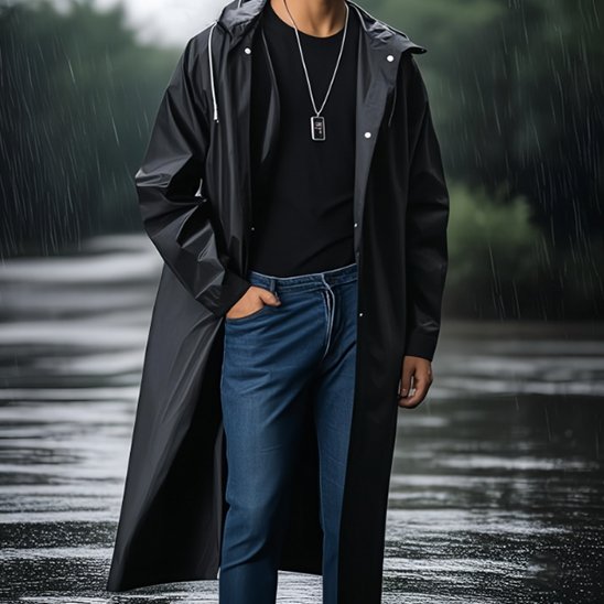 Homme près rivière avec poncho de pluie