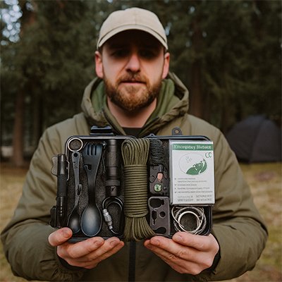 homme présente Kit de survie pour randonnee