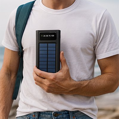 Homme présente la grandeur de la Batterie externe solaire 