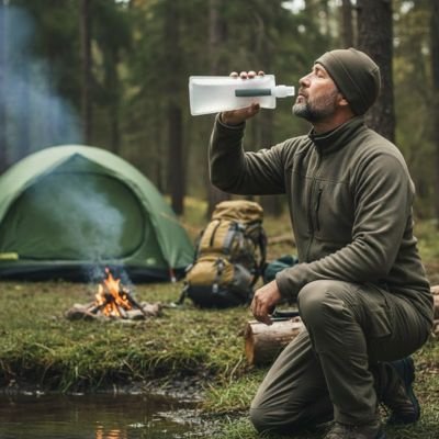 homme pret ruisseau avec gourde filtrante eau pure