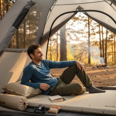 homme profite du moment sur Matelas gonflable 2 personnes 