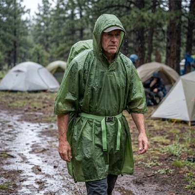 Homme quittant son campement avec Poncho pluie 
