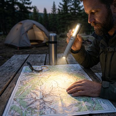 Homme regardant une carte avec Lampe de poche rechargeable