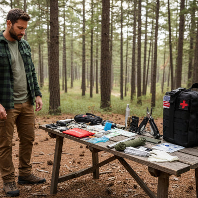 homme regarde l'éventail de son Kit de survie compact