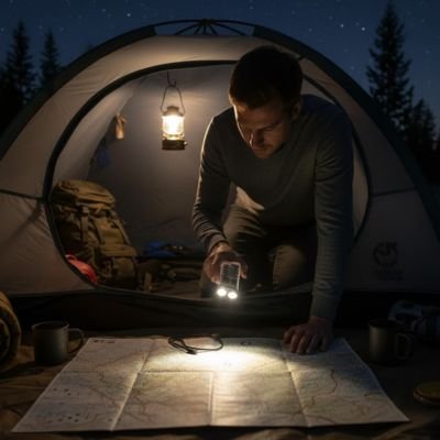 Homme regarde une carte avec Lampe de poche rechargeable 
