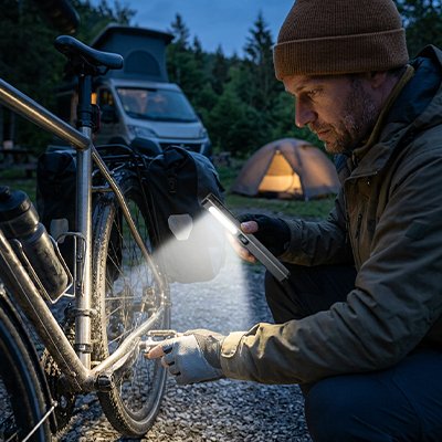 Homme répare bicyclette avec Lampe de poche rechargeable