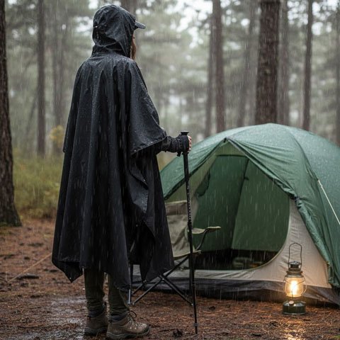 Homme revenant de sa randonnée avec Poncho pluie 