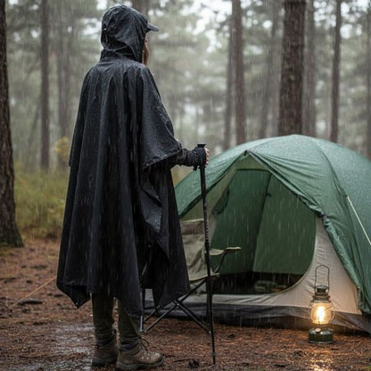 Homme revenant de sa randonnée avec Poncho pluie 